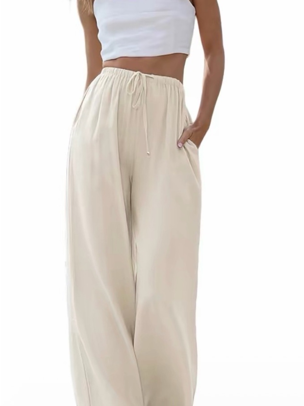 Wide Leg linen Drawstring Palazzo Pants - Cream